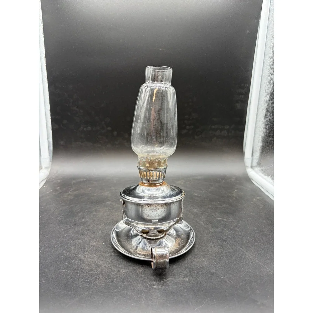 Vintage Miniature Chrome Oil Lamp with Glass Chimney Finger Hold Base